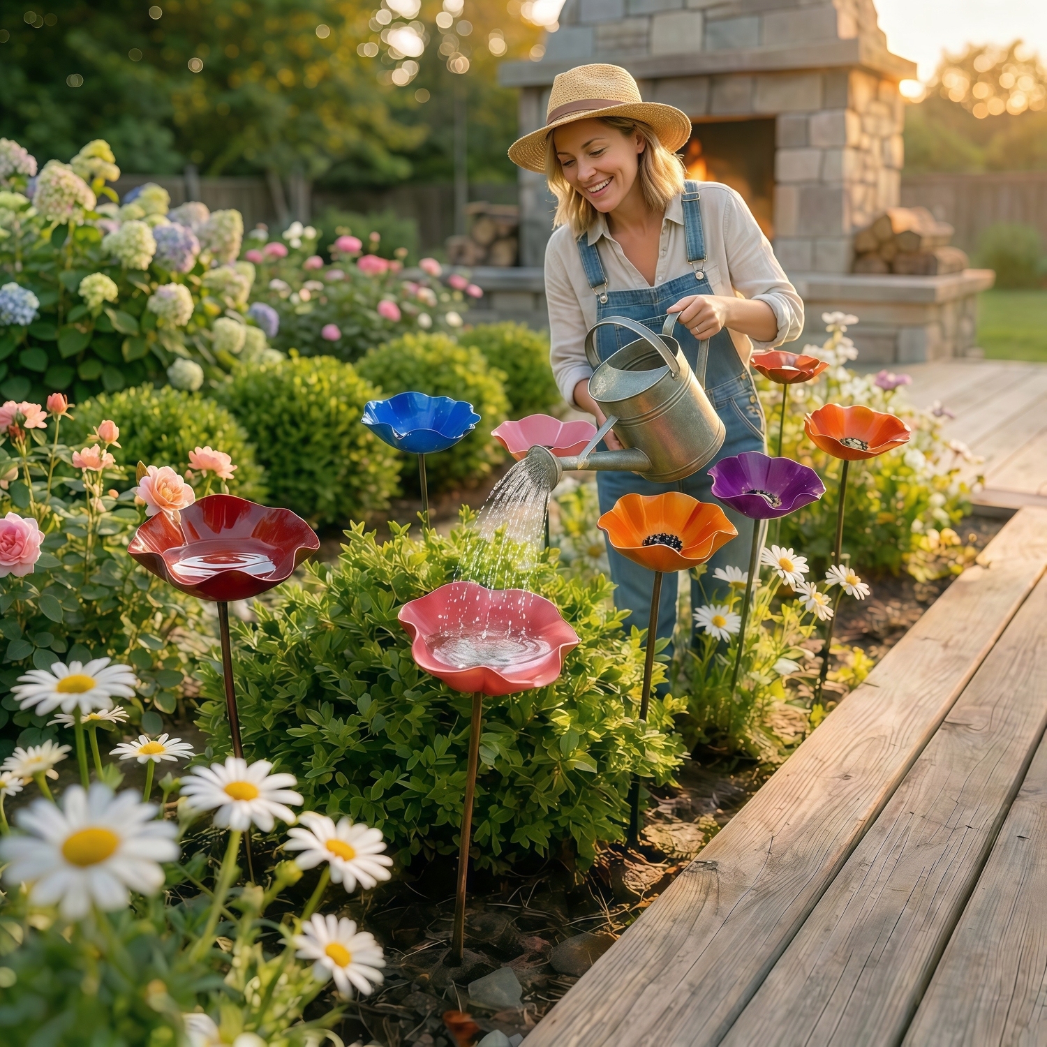 Handmade Metal Flower Bird Bath & Pollinator Water Station