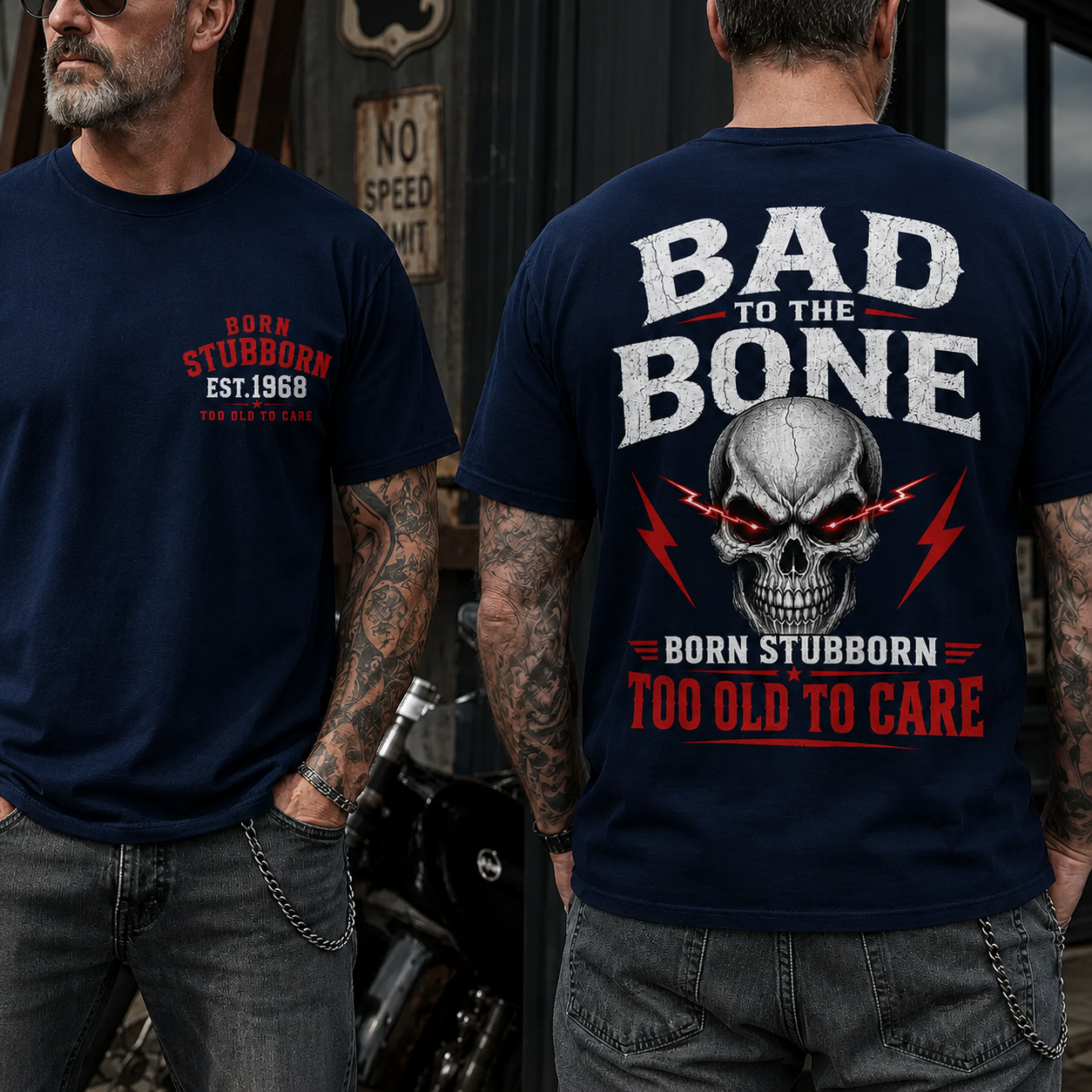 Bad To The BornTM Too Old To Care Boomer/Gen X Custom Year T-Shirt