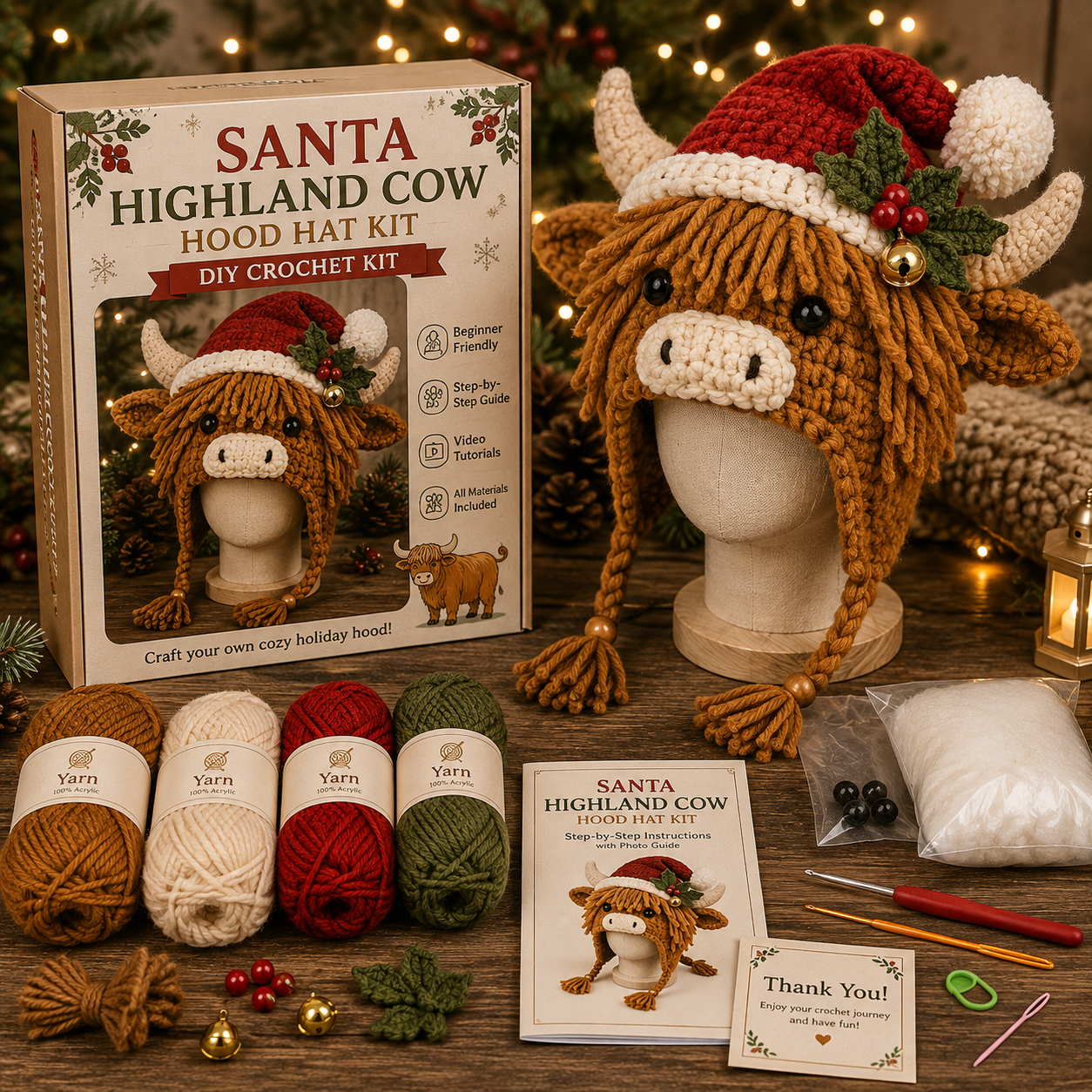 🔥 Christmas Highland Cow Hood Hat DIY Crochet Kit