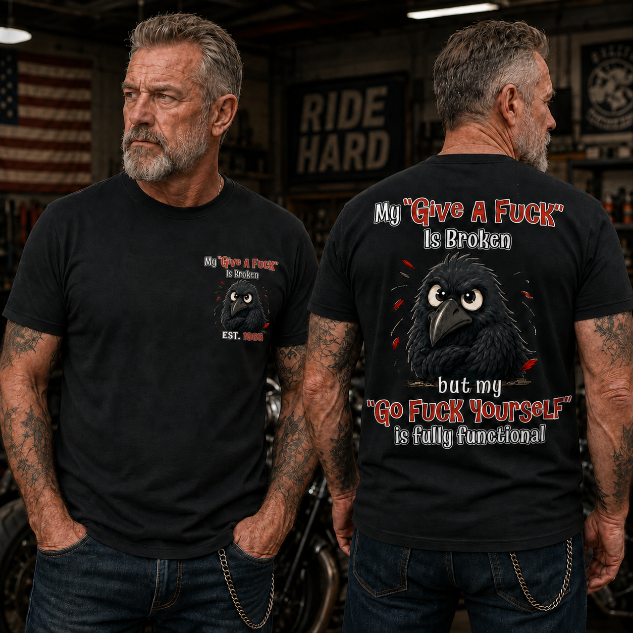 My “Give A F*ck” Is Broken Funny Crow Graphic Tee | Custom EST Year Shirt