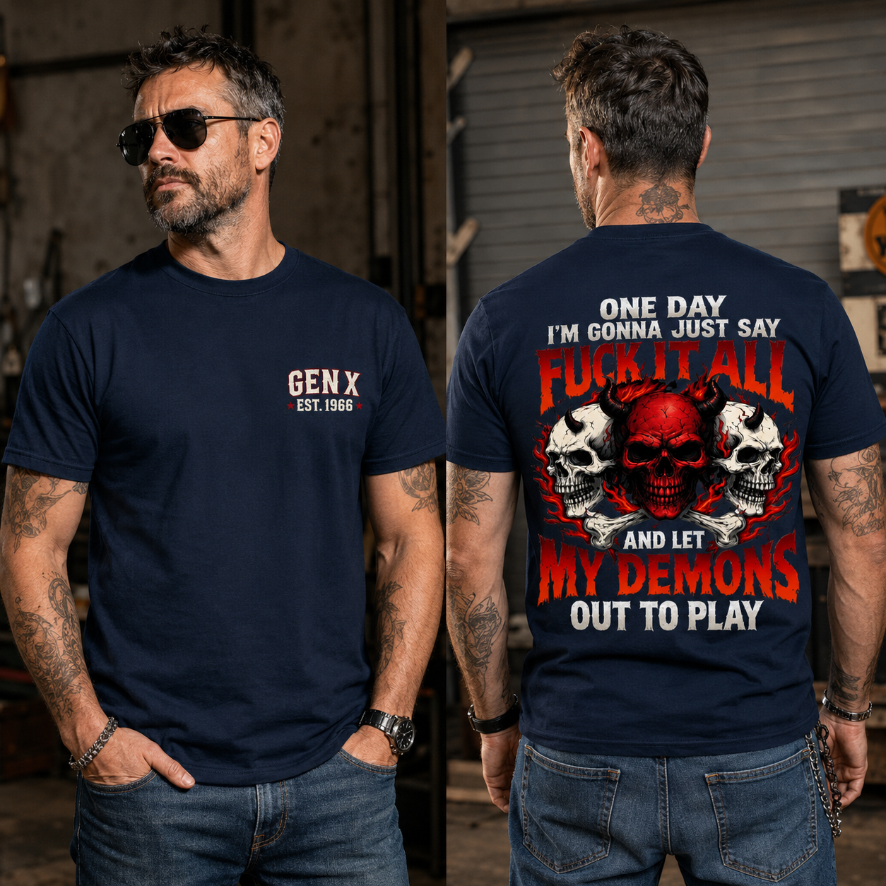Fuck It All Let My Demons Out To Play Gen X Custom Year Skull Graphic Tee