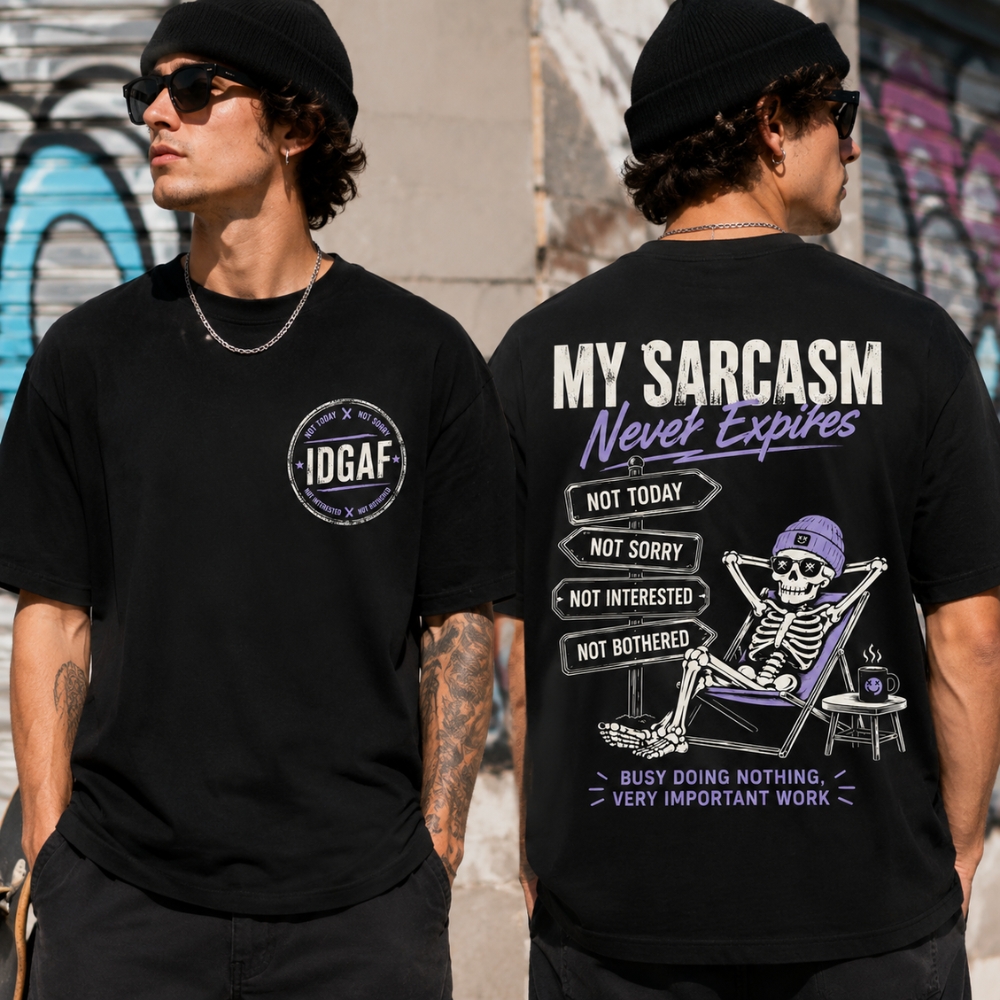 My Sarcasm Never Expires – Funny Skeleton Graphic Tee for Men