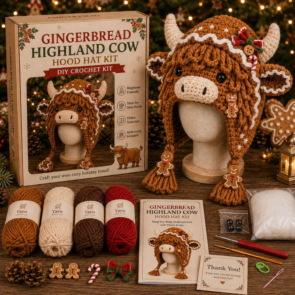 🔥 Christmas Highland Cow Hood Hat DIY Crochet Kit