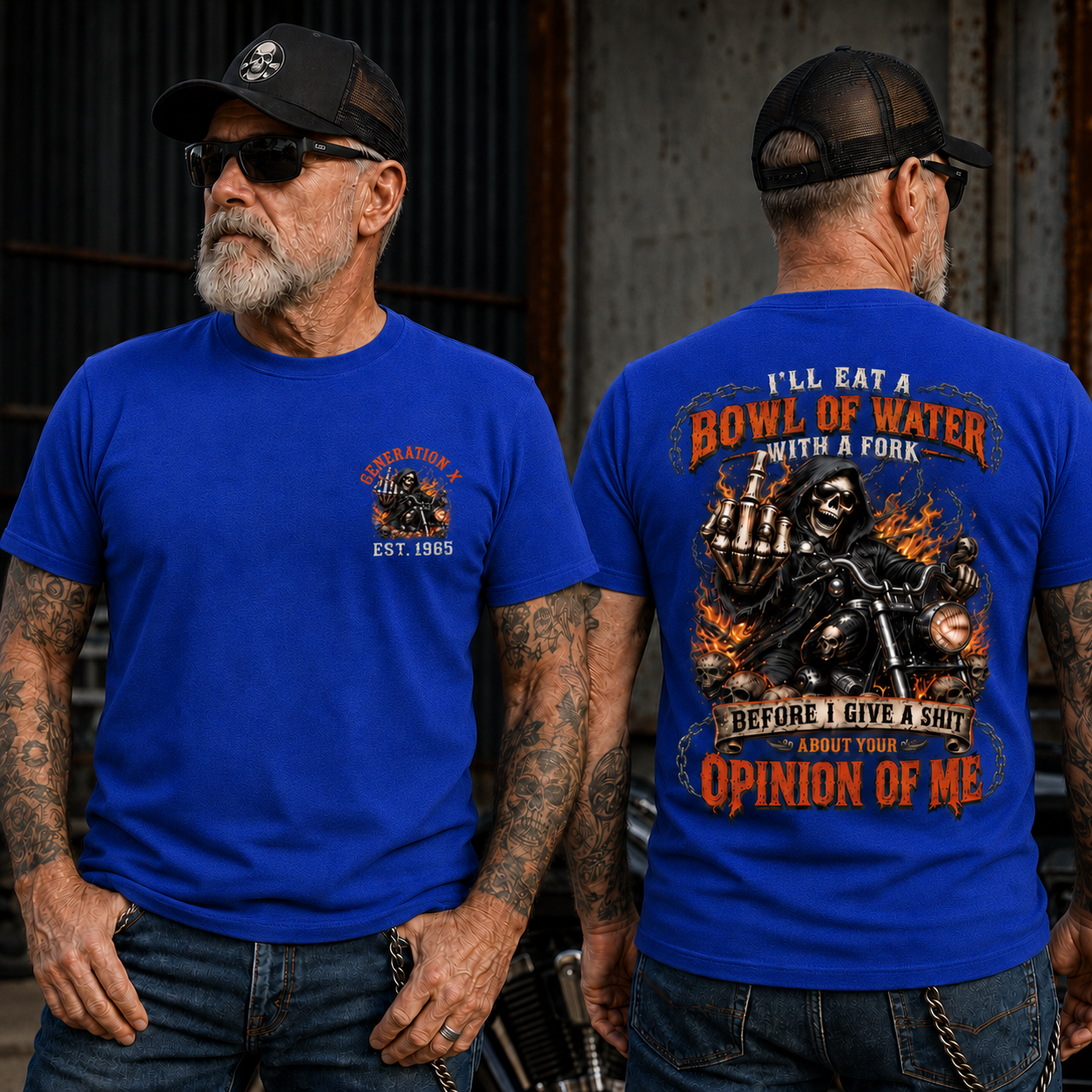 Personalized Year 1965-1980 I'll Eat A Bowl Of Water With A Fork Shirt, Biker Skull Graphic Tee