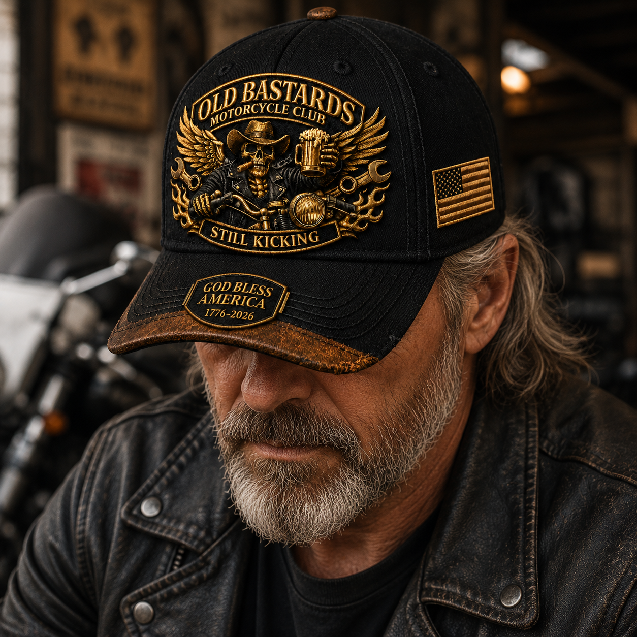 🏍️Old Bastards Motorcycle Club – God Bless America “Still Kicking” Cap