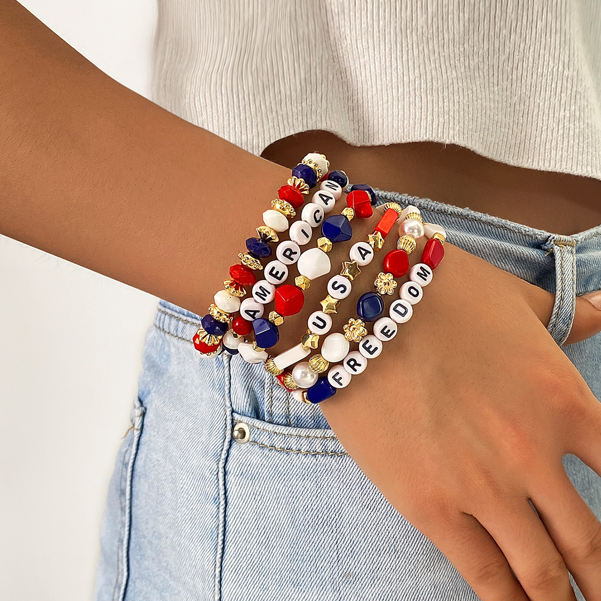 U.S. Patriotic Beaded Bracelet Set – Red White and Blue USA Charm Elastic Stretch Bangles – Holiday Outfits & Party Wear