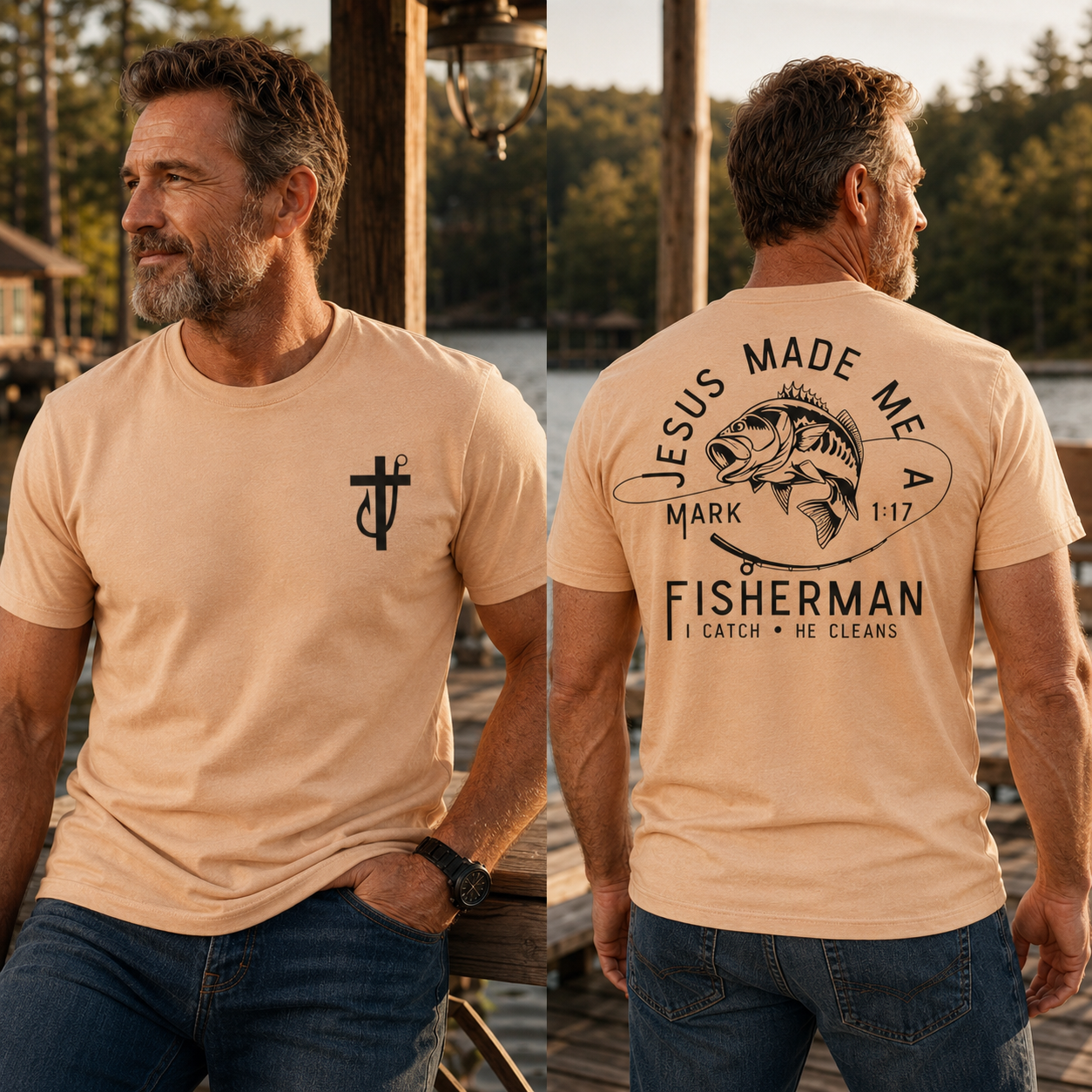 Jesus Made Me A Fisherman T-Shirt - Bold Fishing Graphic With Mark 1:17 Verse , I Catch He Cleans Quote , Faith Based Christian Tee , Fisherman Gift Shirt , Unisex Comfortable Wear , Outdoor Daily Tee Classic