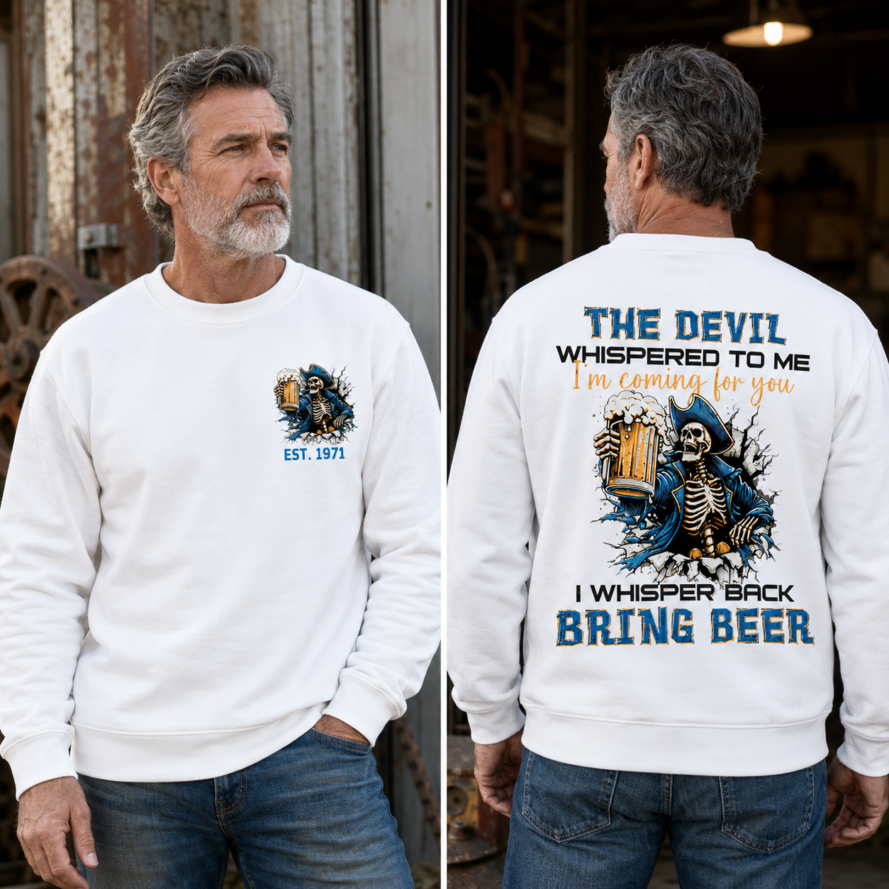 The Devil Whispered To Me I Whisper Back Bring Beer Gen X//Boomer Custom Birth Year Crewneck Sweatshirt