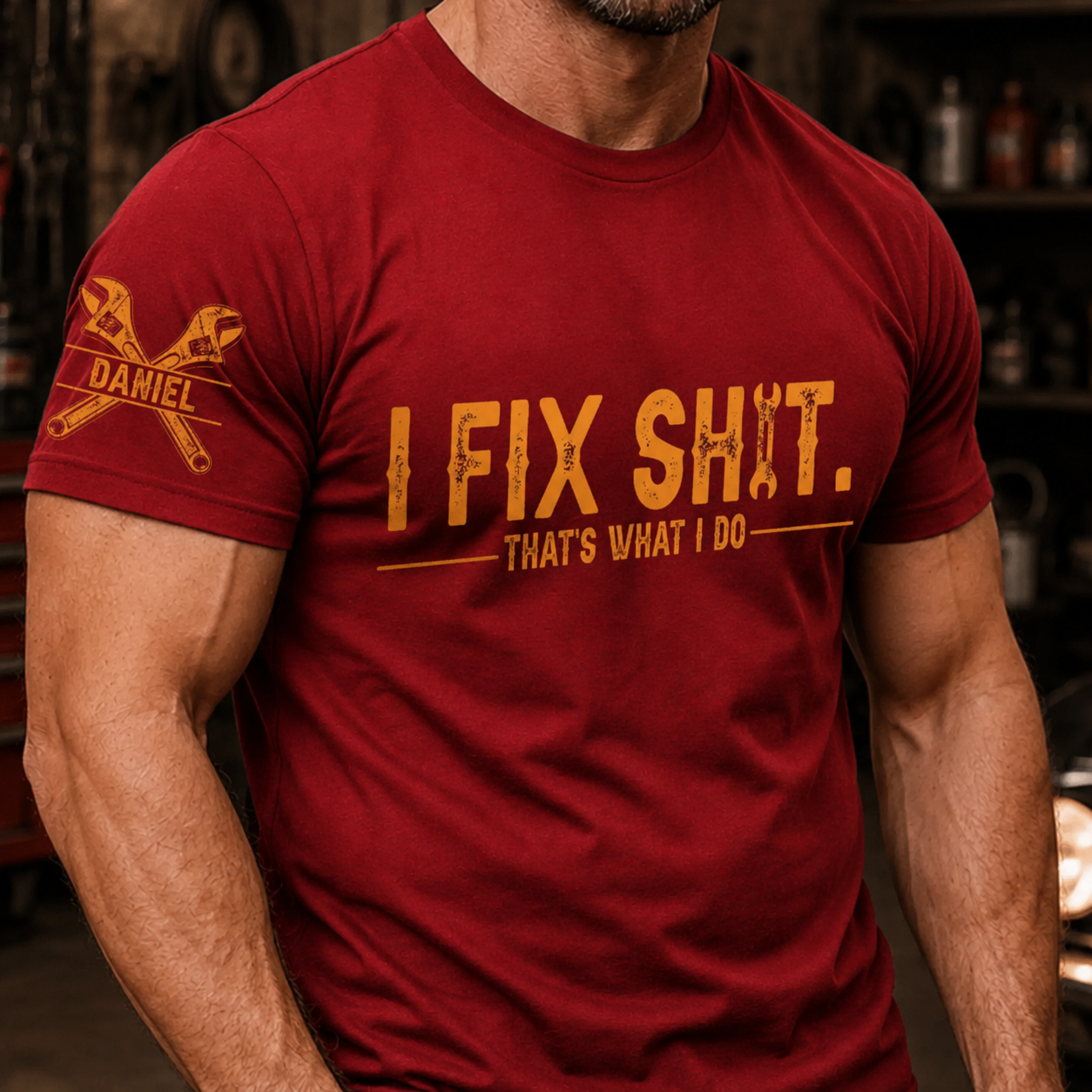 Custom Mechanic Unisex T-Shirt With Design On Sleeve - Personalized Birthday Gifts For Men, Dad, Grandpa, Husband - Built To Fix