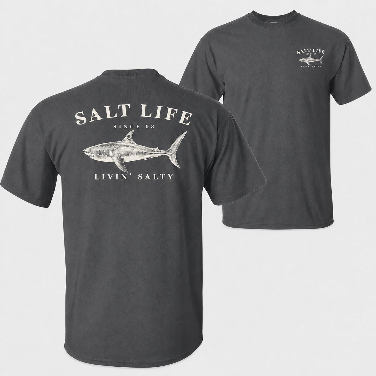 Salt Life Livin Salty Shark Fishing T Shirt for Men, Breathable Offshore Angler Tee, Ocean Lifestyle Top, Trendy Outdoor Beach Vacation Outfits Going Out Outfit