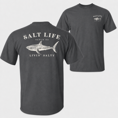 Salt Life Livin Salty Shark Fishing T Shirt for Men, Breathable Offshore Angler Tee, Ocean Lifestyle Top, Trendy Outdoor Beach Vacation Outfits Going Out Outfit