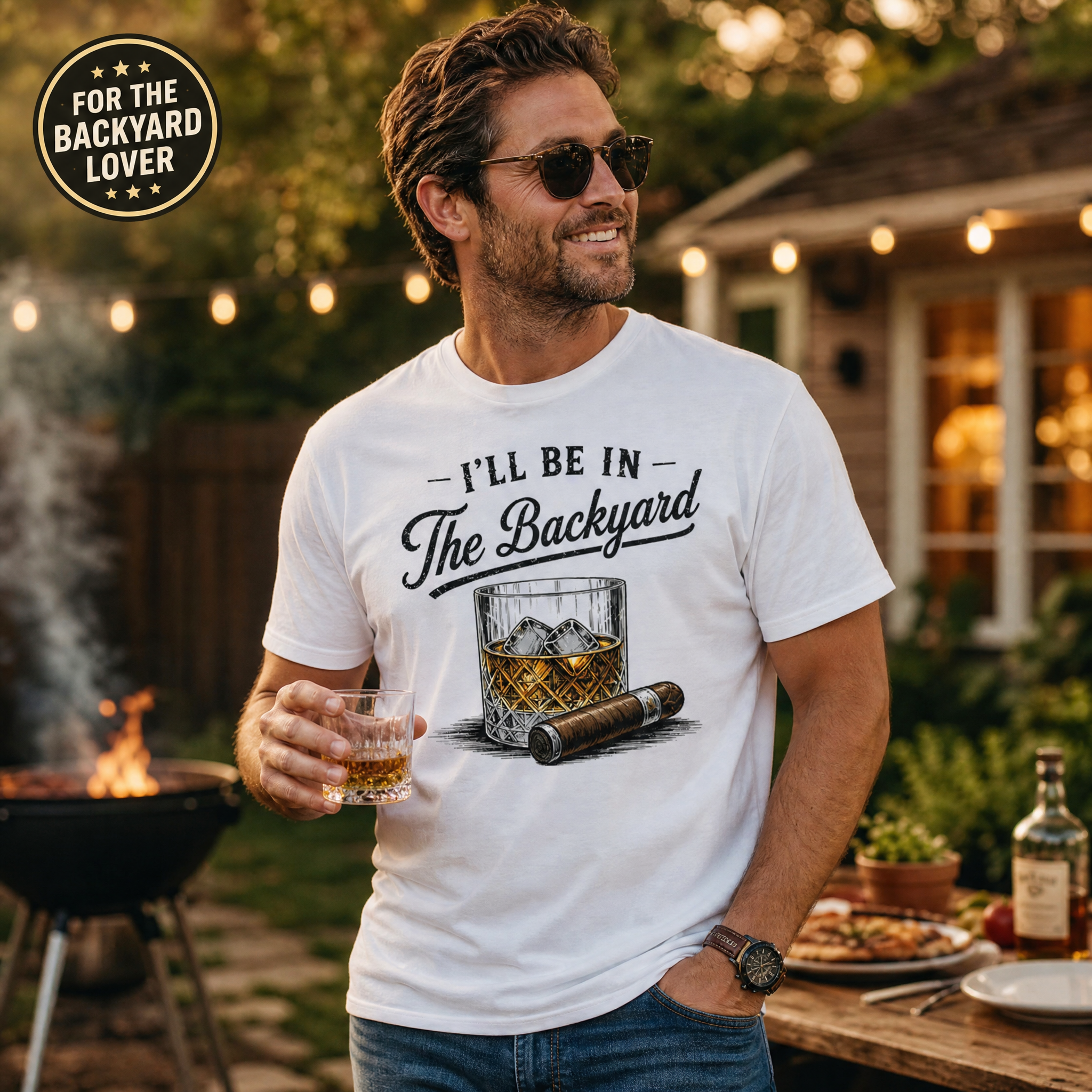 I'll Be in The Backyard Funny Bourbon Cigar Lover T-Shirt, Funny Cigar Whiskey Tee