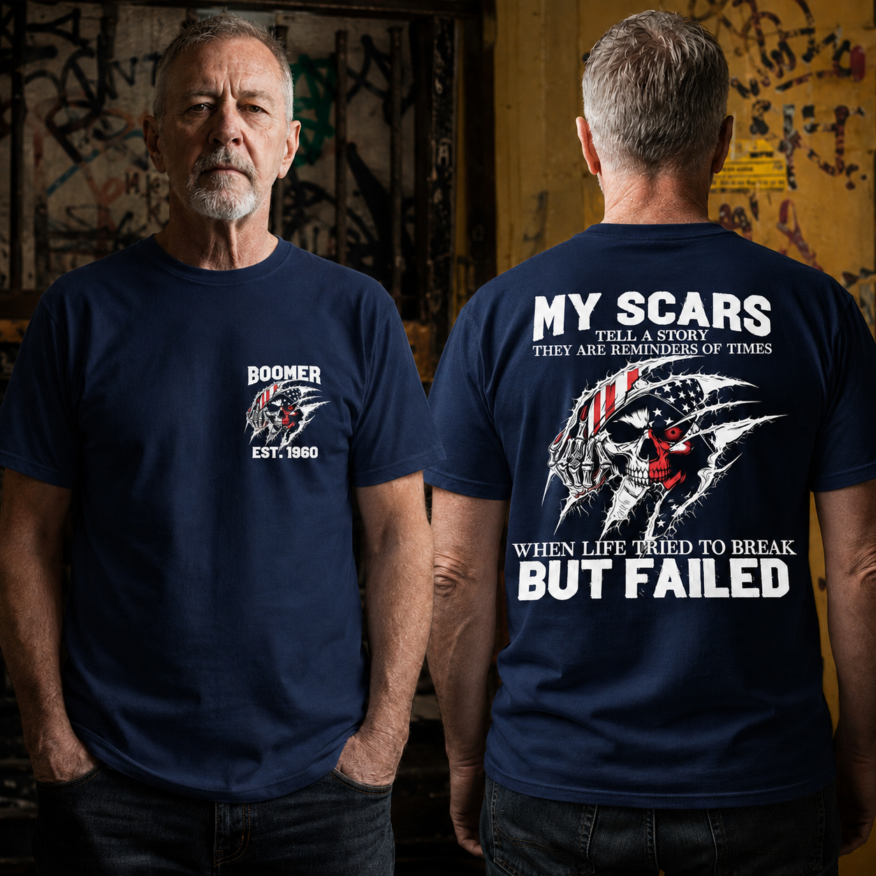 Custom Boomer/Gen X EST.Year & My Scars Tell A Story Double-Sided Patriotic Skull T-Shirt