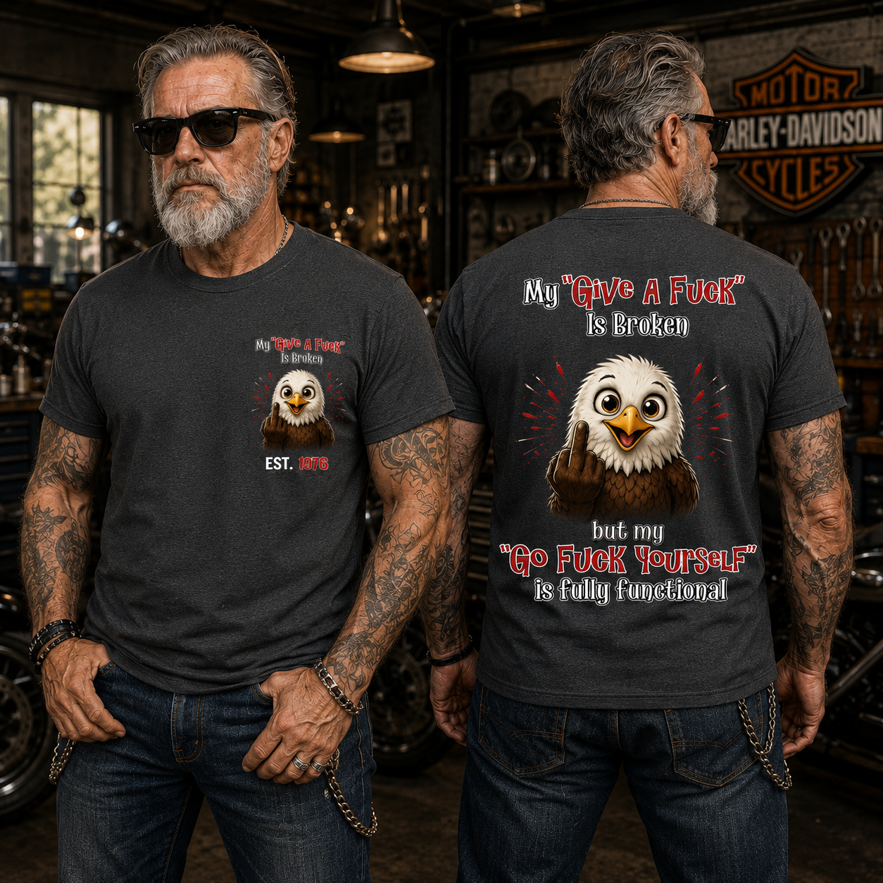 My “Give A F*ck” Is Broken Funny Bald Eagle Graphic Tee | Custom EST Year Shirt