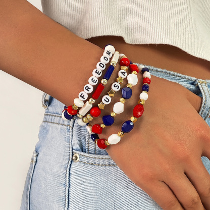 U.S. Patriotic Beaded Bracelet Set – Red White and Blue USA Charm Elastic Stretch Bangles – Holiday Outfits & Party Wear