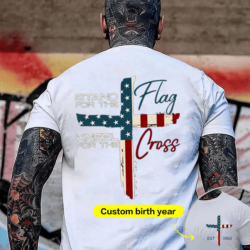 Patriotic Christian Faith T-Shirt – Stand for Flag Kneel for Cross Religious American Pride Cross Design Tee