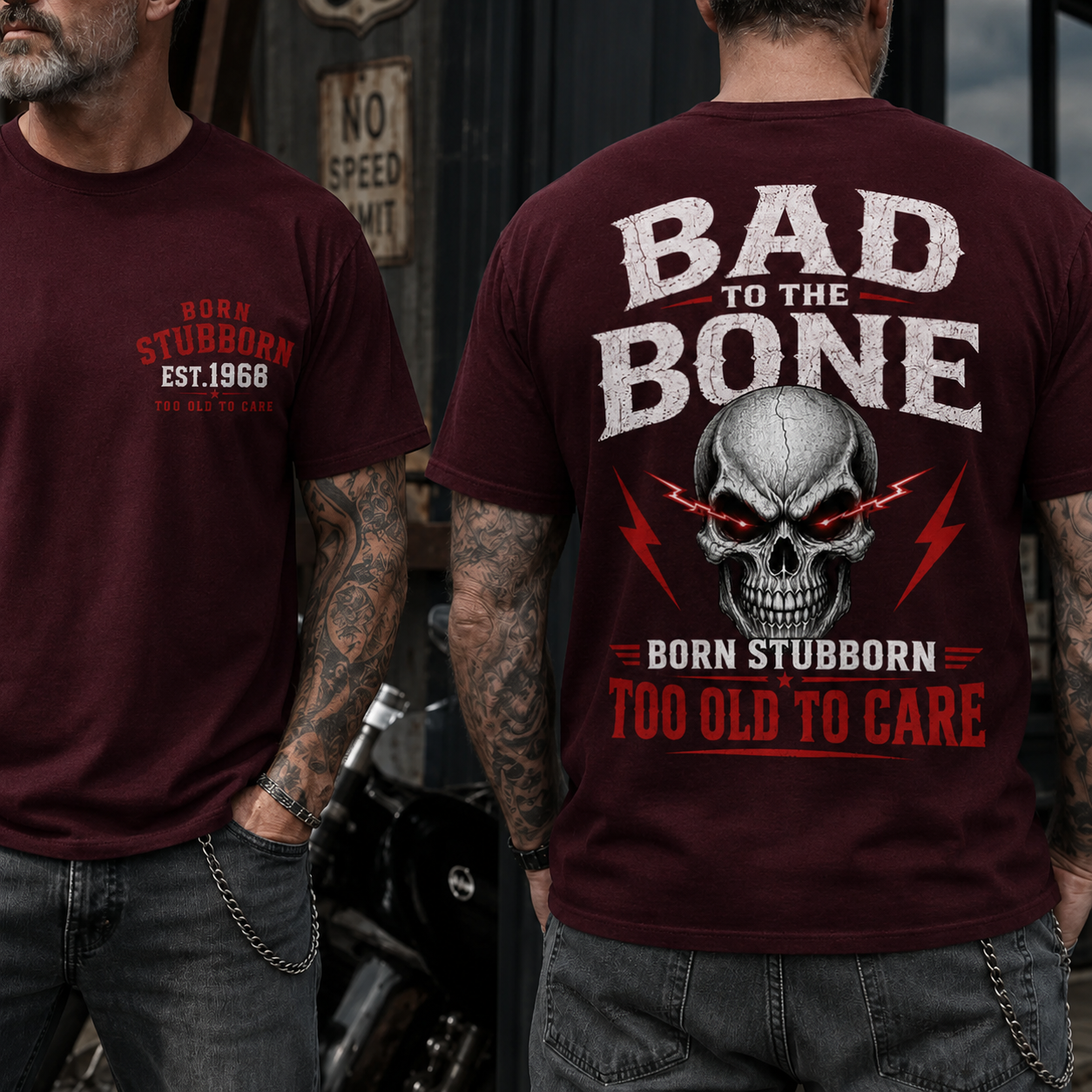 Bad To The BornTM Too Old To Care Boomer/Gen X Custom Year T-Shirt