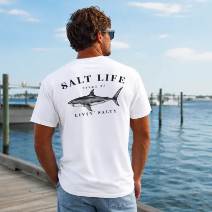 Salt Life Livin Salty Shark Fishing T Shirt for Men, Breathable Offshore Angler Tee, Ocean Lifestyle Top, Trendy Outdoor Beach Vacation Outfits Going Out Outfit