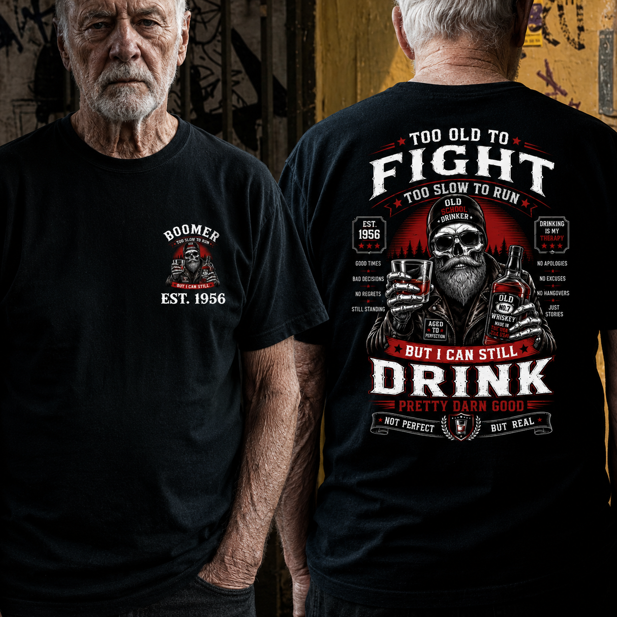 Custom EST.Year Too Old To Fight Too Slow To Run But I Can Still Drink Old School Drinker Graphic T-Shirt