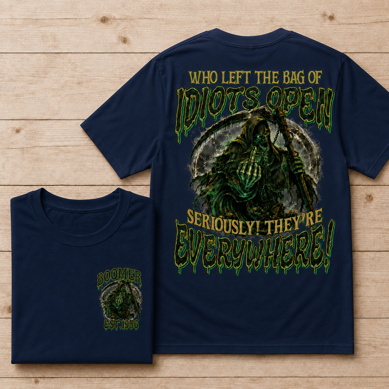 Personalization Year Boomer/Gen X T Shirt, Who Left The Bag of Idiots Open Funny Grim Reaper Graphic T-Shirt