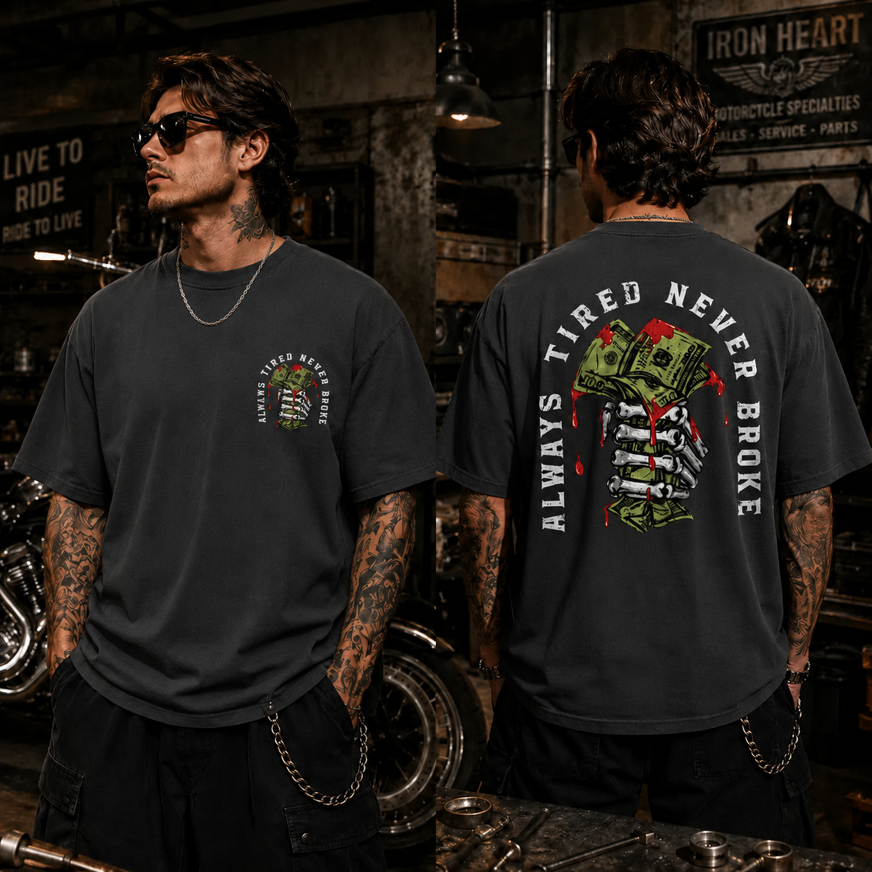 Always Tired Never Broke Skull Money Graphic T-Shirt