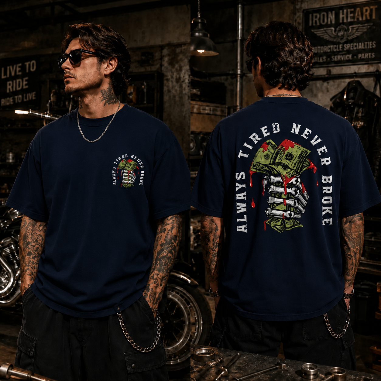 Always Tired Never Broke Skull Money Graphic T-Shirt