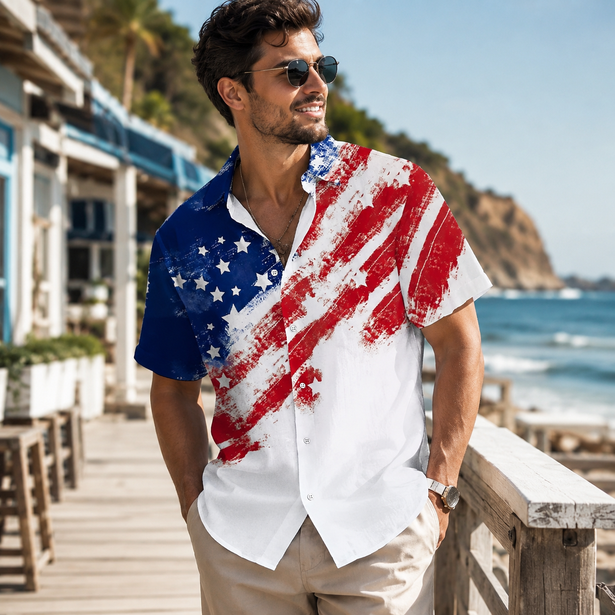 Men's American US Flag 4th of July U.S. Patriotic Shirt Button Up Shirt Short Sleeve