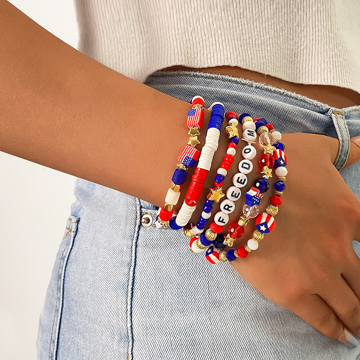 U.S. Patriotic Beaded Bracelet Set – Red White and Blue USA Charm Elastic Stretch Bangles – Holiday Outfits & Party Wear