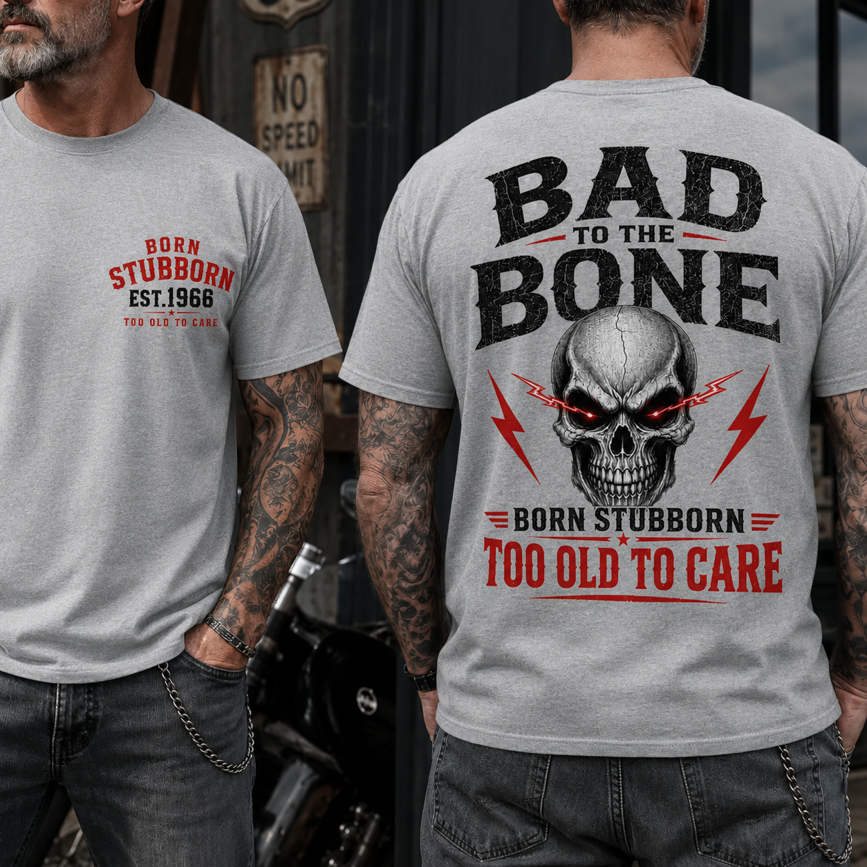 Bad To The BornTM Too Old To Care Boomer/Gen X Custom Year T-Shirt