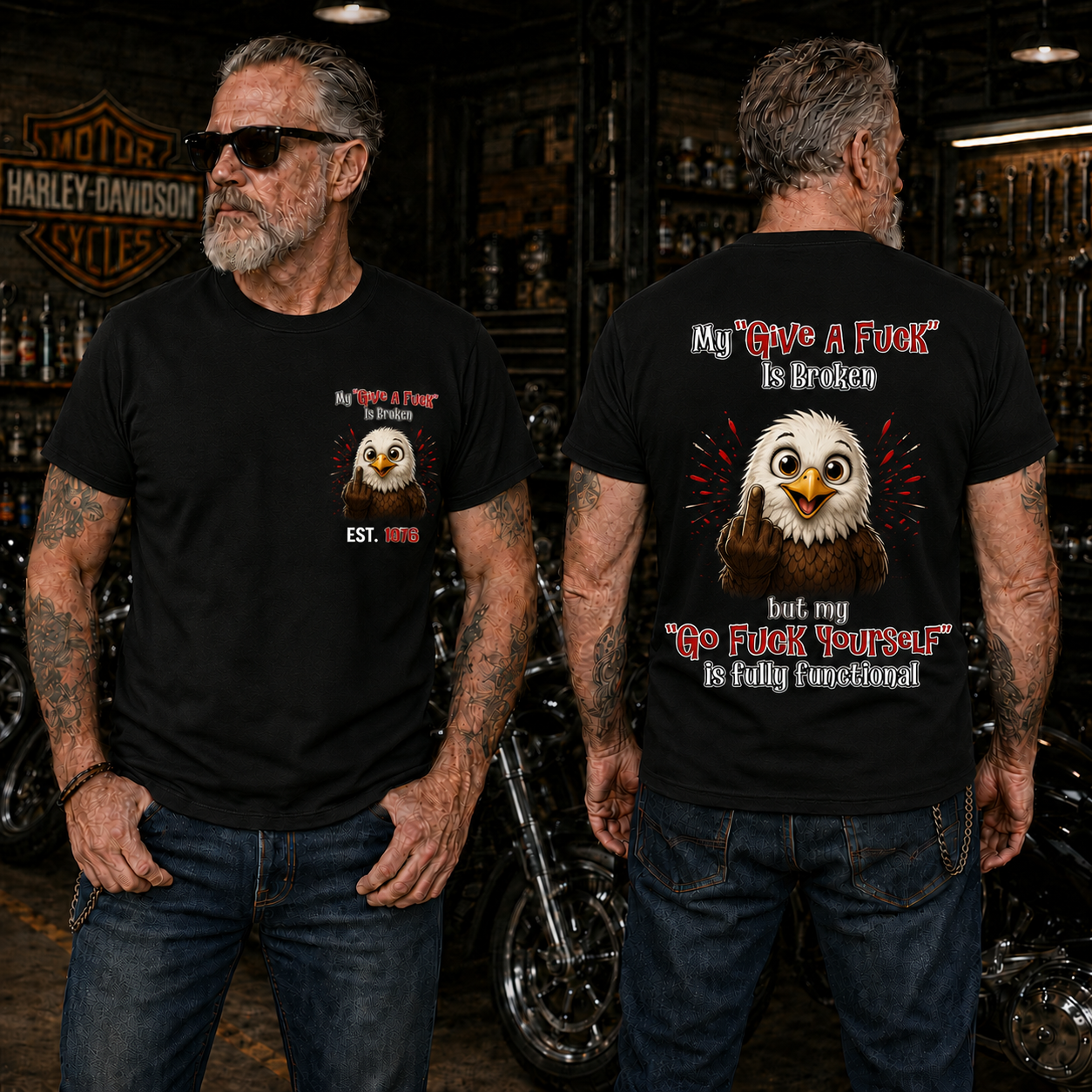 My “Give A F*ck” Is Broken Funny Bald Eagle Graphic Tee | Custom EST Year Shirt