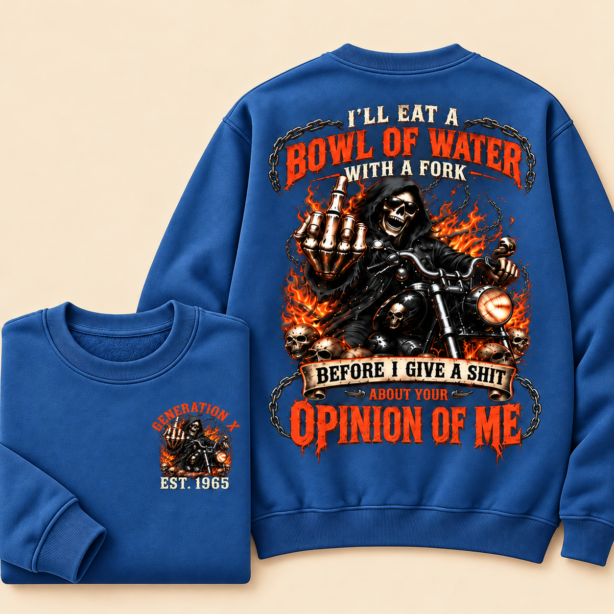 Personalized Year 1965-1980 I'll Eat A Bowl Of Water With A Fork Hoodie, Biker Skull Graphic Crewneck Sweatshirt