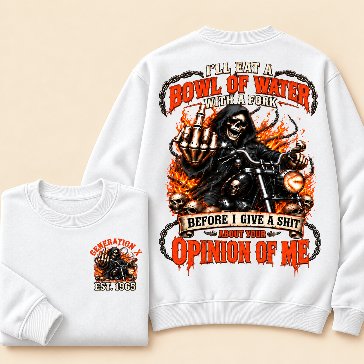 Personalized Year 1965-1980 I'll Eat A Bowl Of Water With A Fork Hoodie, Biker Skull Graphic Crewneck Sweatshirt