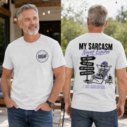 My Sarcasm Never Expires – Funny Skeleton Graphic Tee for Men