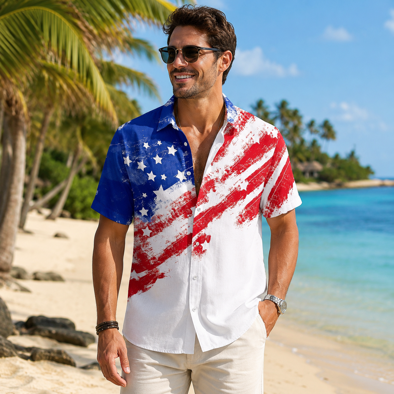 Men's American US Flag 4th of July U.S. Patriotic Shirt Button Up Shirt Short Sleeve