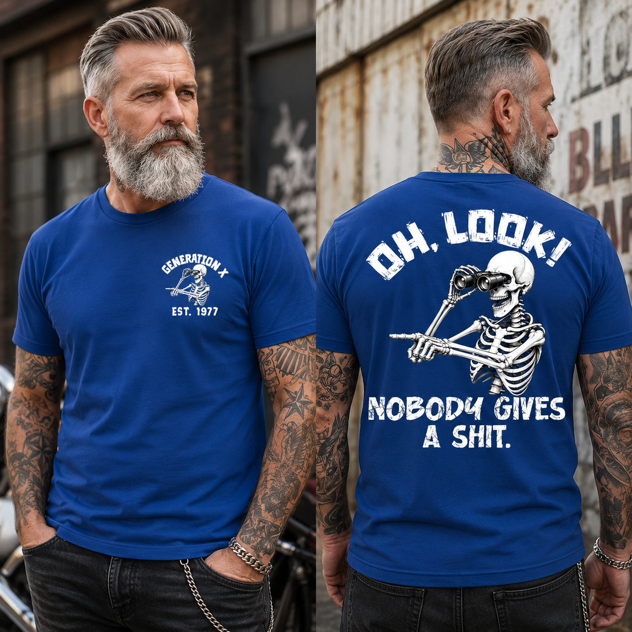 Personalization Year Gen X T Shirt, Oh Look Nobody Gives A Sh*t Skeleton Graphic Shirt