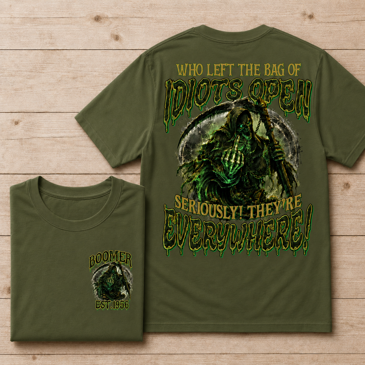 Personalization Year Boomer/Gen X T Shirt, Who Left The Bag of Idiots Open Funny Grim Reaper Graphic T-Shirt
