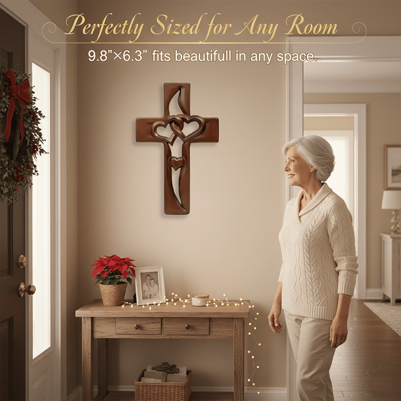 Hand-Carved Intertwined Hearts Wooden Cross