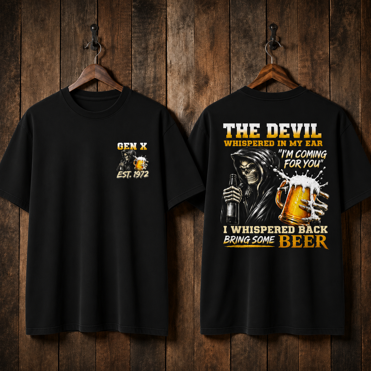 The Devil WhisperedTM Boomer/Gen X Beer T-Shirt | Custom EST Year Grim Reaper Tee