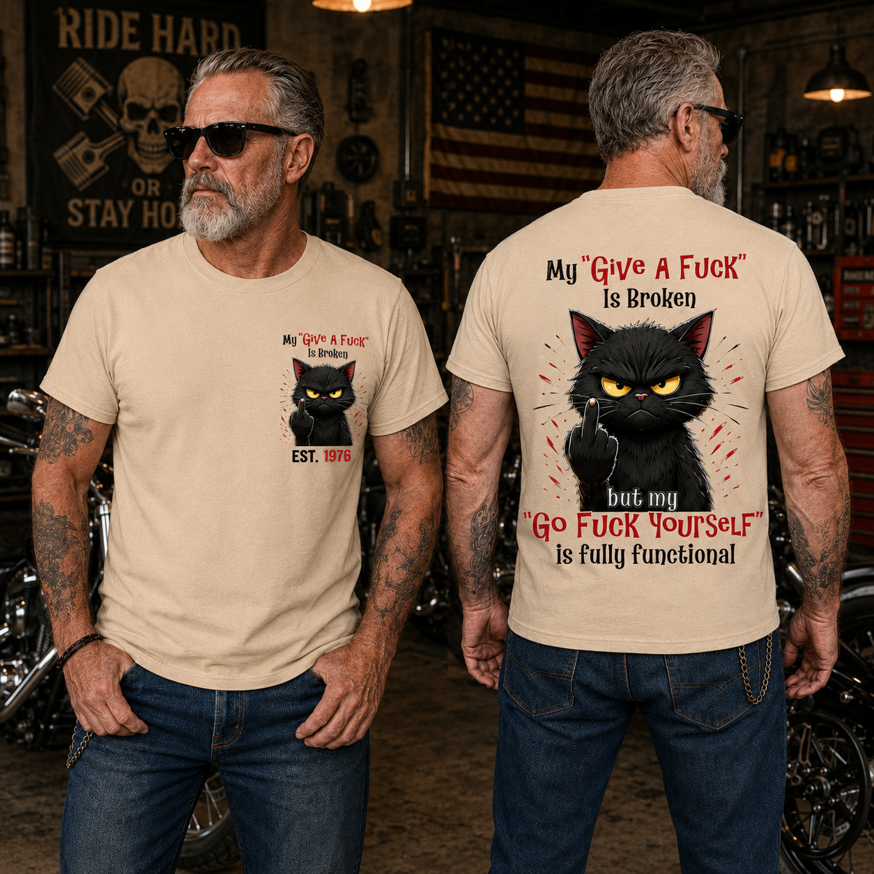 My “Give A F*ck” Is Broken Funny Cat Graphic Tee | Custom EST Year Shirt
