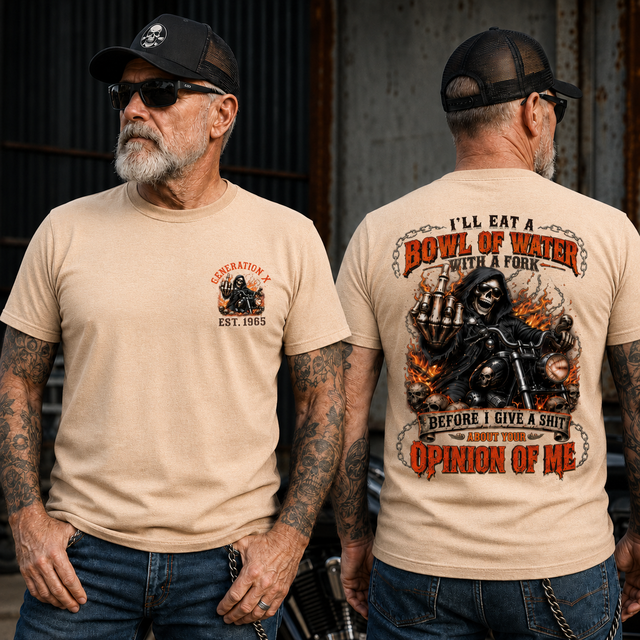 Personalized Year 1965-1980 I'll Eat A Bowl Of Water With A Fork Shirt, Biker Skull Graphic Tee