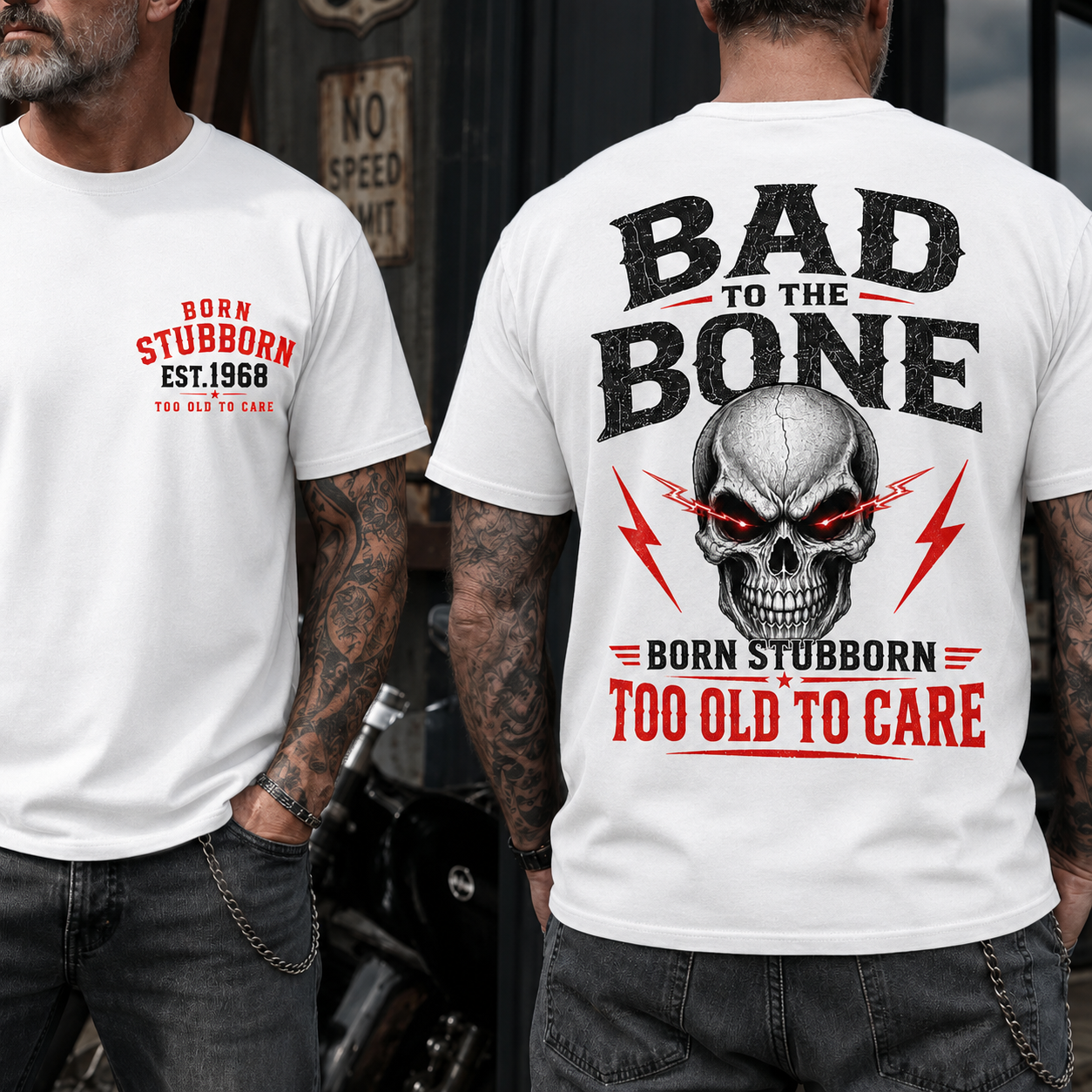 Bad To The BornTM Too Old To Care Boomer/Gen X Custom Year T-Shirt
