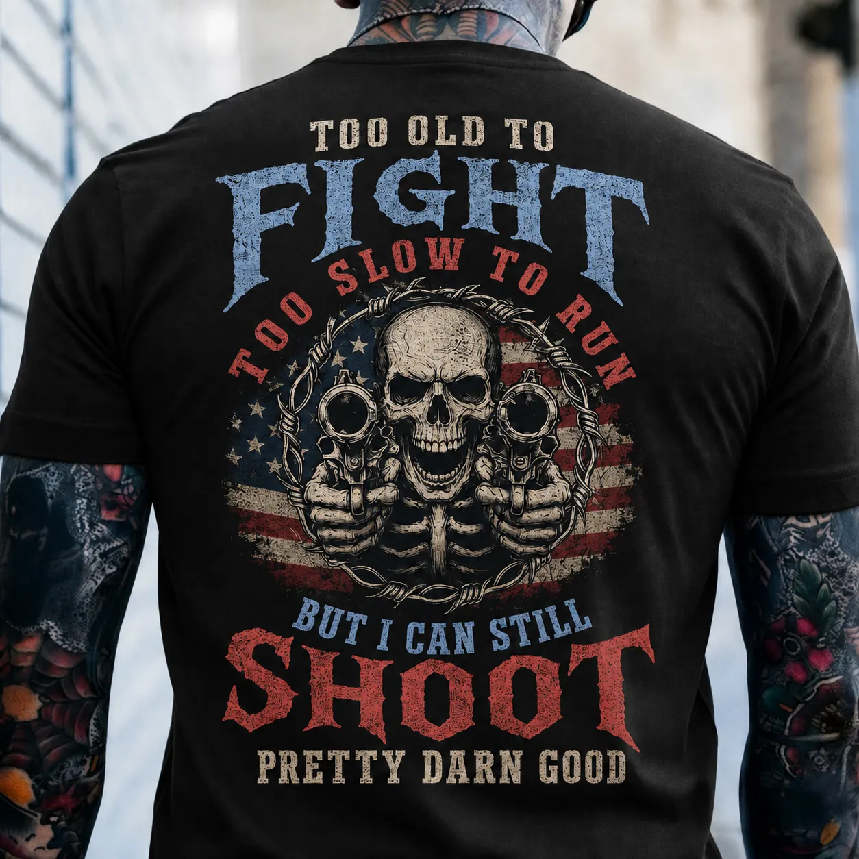 Custom Est Year Gen X Too Old To Fight Too Slow To Run But I Can Still Shoot Vintage Skull Graphic Tee