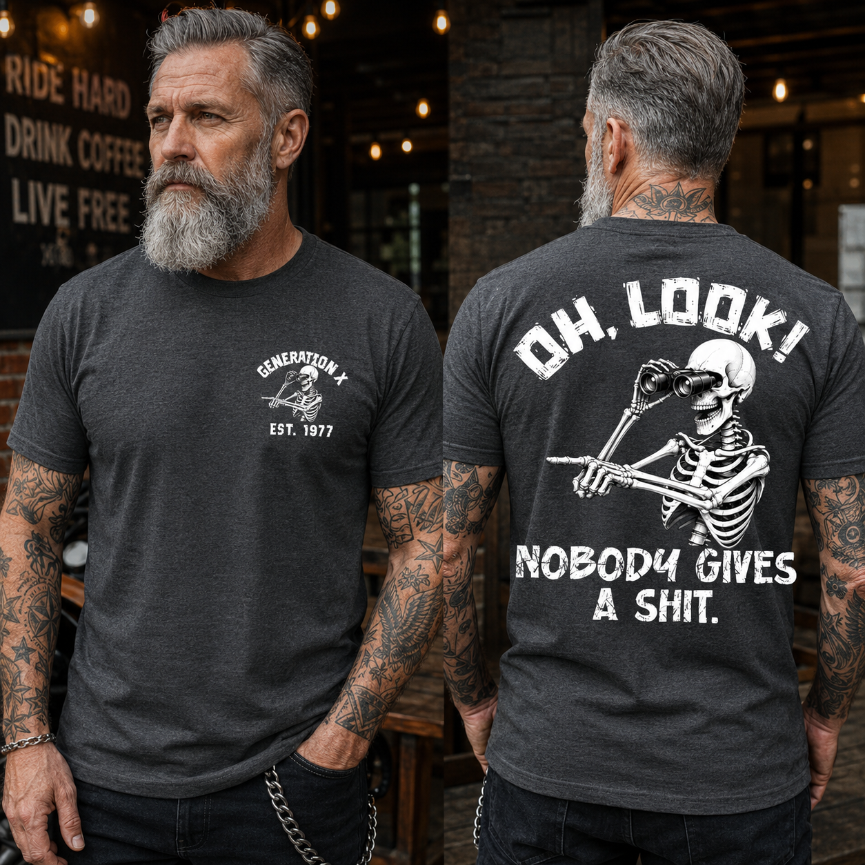 Personalization Year Gen X T Shirt, Oh Look Nobody Gives A Sh*t Skeleton Graphic Shirt
