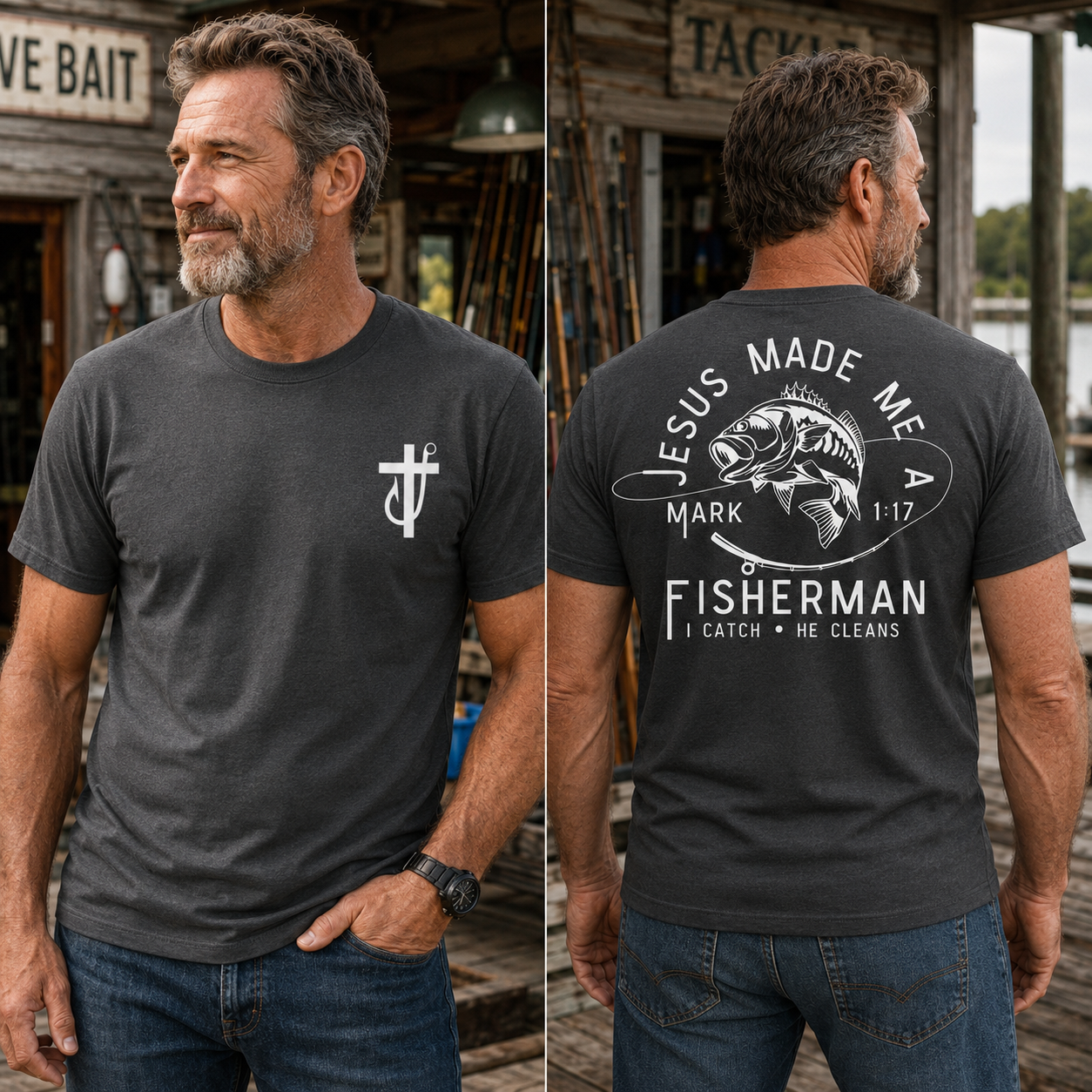 Jesus Made Me A Fisherman T-Shirt - Bold Fishing Graphic With Mark 1:17 Verse , I Catch He Cleans Quote , Faith Based Christian Tee , Fisherman Gift Shirt , Unisex Comfortable Wear , Outdoor Daily Tee Classic