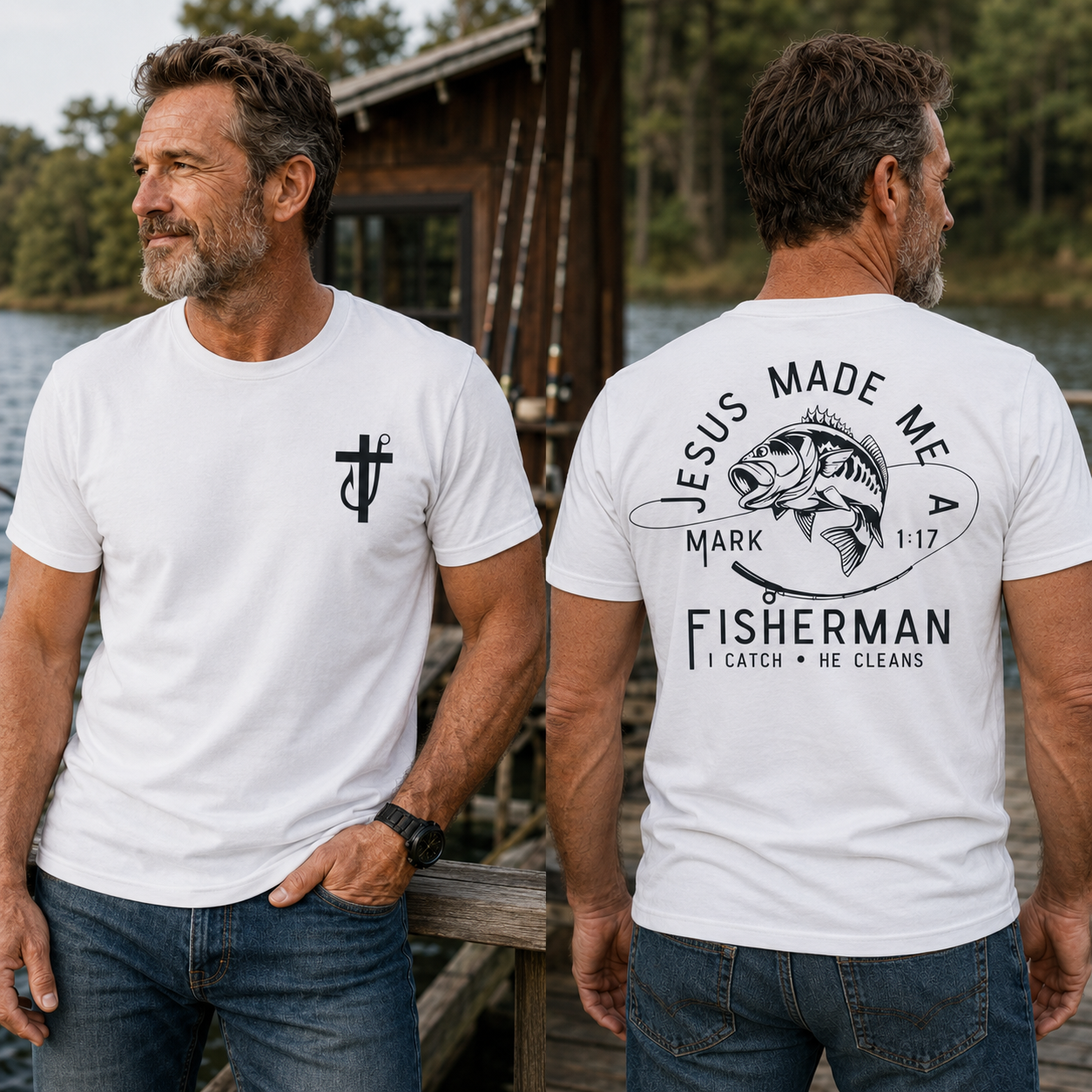 Jesus Made Me A Fisherman T-Shirt - Bold Fishing Graphic With Mark 1:17 Verse , I Catch He Cleans Quote , Faith Based Christian Tee , Fisherman Gift Shirt , Unisex Comfortable Wear , Outdoor Daily Tee Classic
