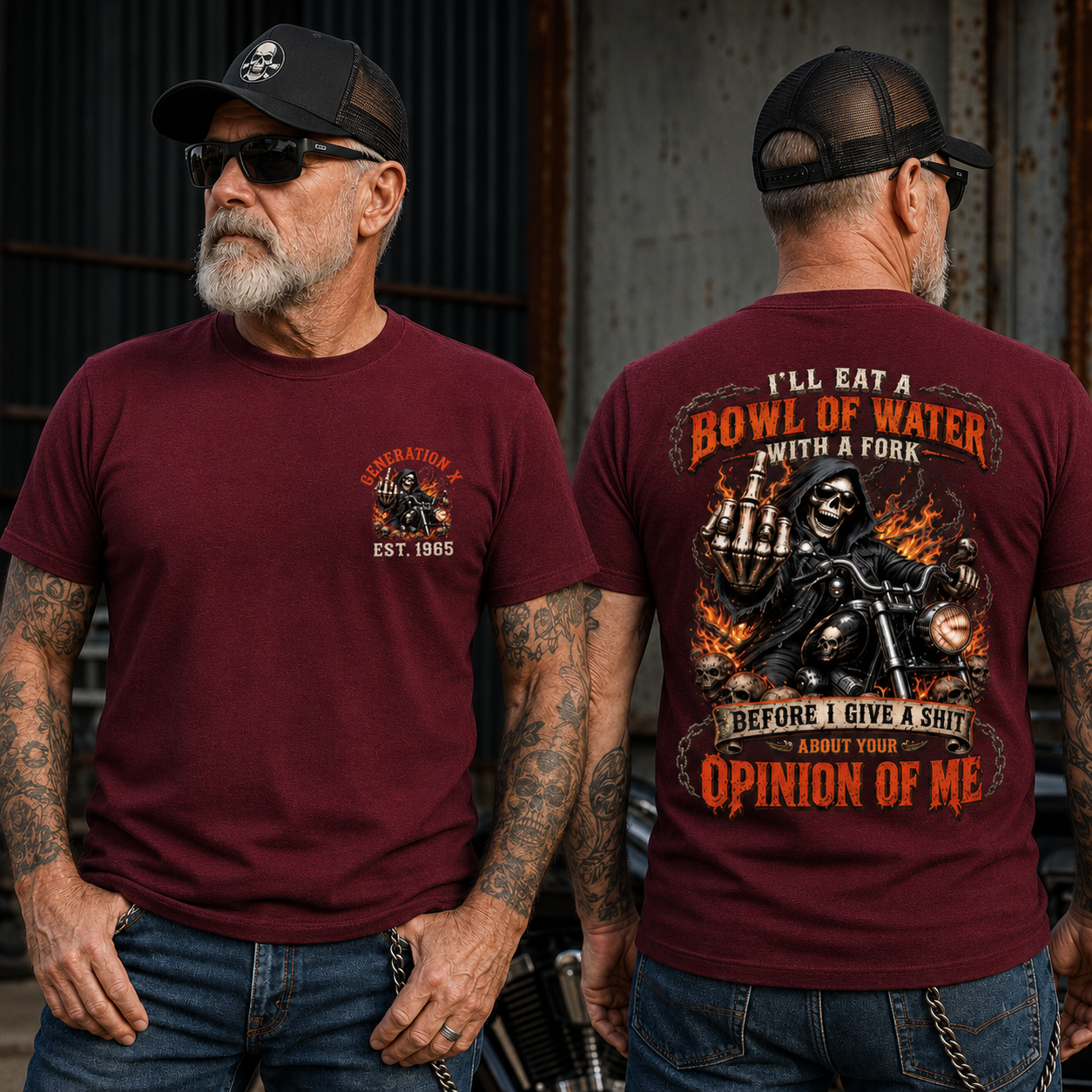 Personalized Year 1965-1980 I'll Eat A Bowl Of Water With A Fork Shirt, Biker Skull Graphic Tee