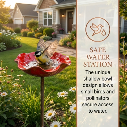 Handmade Metal Flower Bird Bath & Pollinator Water Station