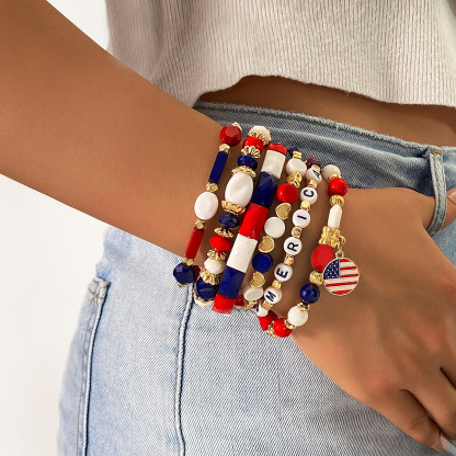 U.S. Patriotic Beaded Bracelet Set – Red White and Blue USA Charm Elastic Stretch Bangles – Holiday Outfits & Party Wear