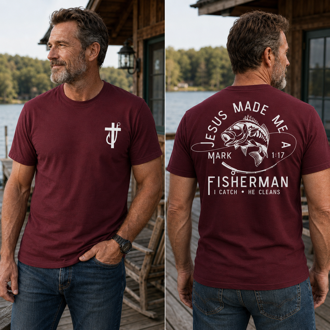 Jesus Made Me A Fisherman T-Shirt - Bold Fishing Graphic With Mark 1:17 Verse , I Catch He Cleans Quote , Faith Based Christian Tee , Fisherman Gift Shirt , Unisex Comfortable Wear , Outdoor Daily Tee Classic