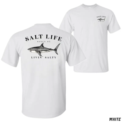 Salt Life Livin Salty Shark Fishing T Shirt for Men, Breathable Offshore Angler Tee, Ocean Lifestyle Top, Trendy Outdoor Beach Vacation Outfits Going Out Outfit